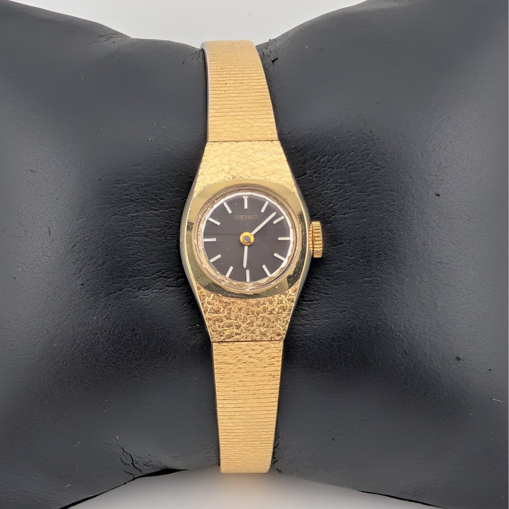 Vtg Seiko 1100-1519 Manual Wind Gold Tone Textured Bracelet Glossy Brown Dial